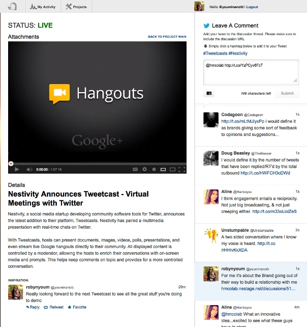 Nestivity Tweetcasts - live Twitter chat around multimedia content, including live Google Hangouts